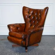 Vintage Brown Leather Armchair and Ottoman Set Hand-Dyed