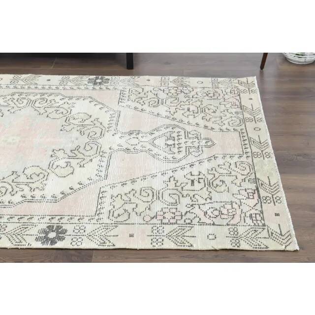 1970s Vintage Turkish Oushak Handmade Wool Cotton Pink Area Rug 130x211