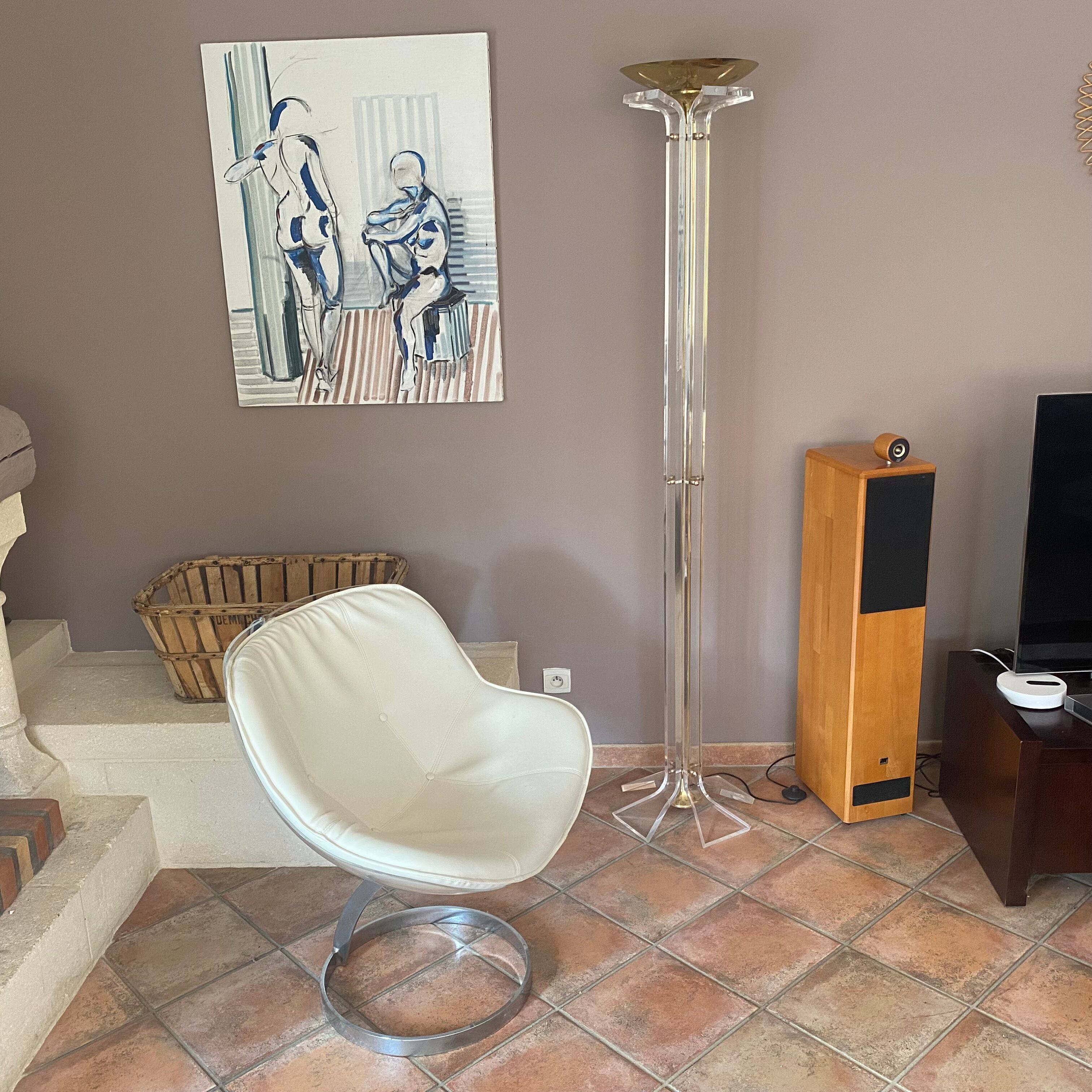 Plexiglass and brass floor lamp. 1970. Italy.