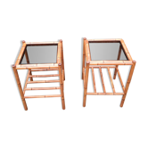 Pair of bamboo and smoked glass tables