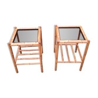 Pair of bamboo and smoked glass tables