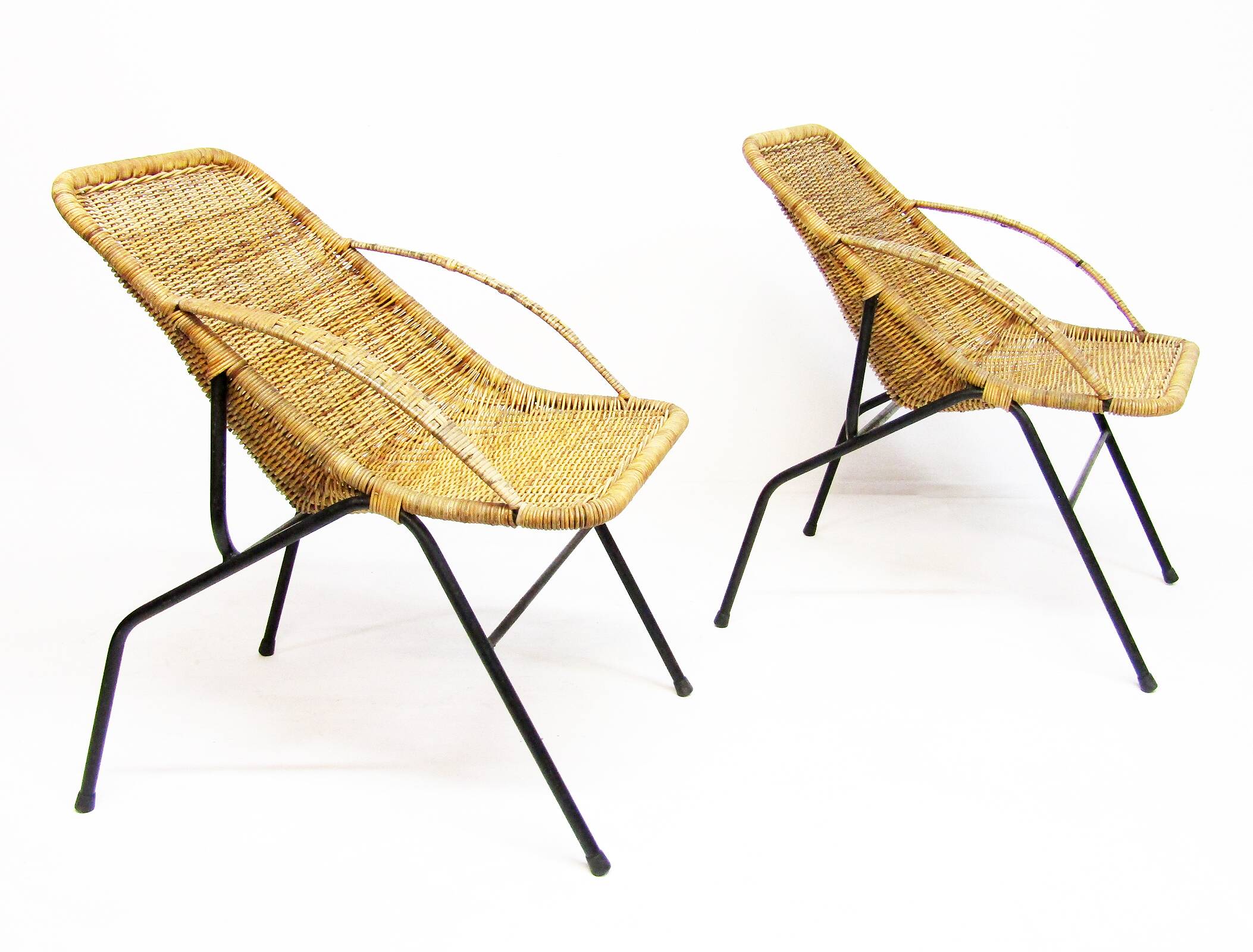 Pair Of 1950s French "Gazelle" Chairs In Rattan Wicker & Tubular Steel