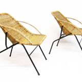 Pair Of 1950s French "Gazelle" Chairs In Rattan Wicker & Tubular Steel