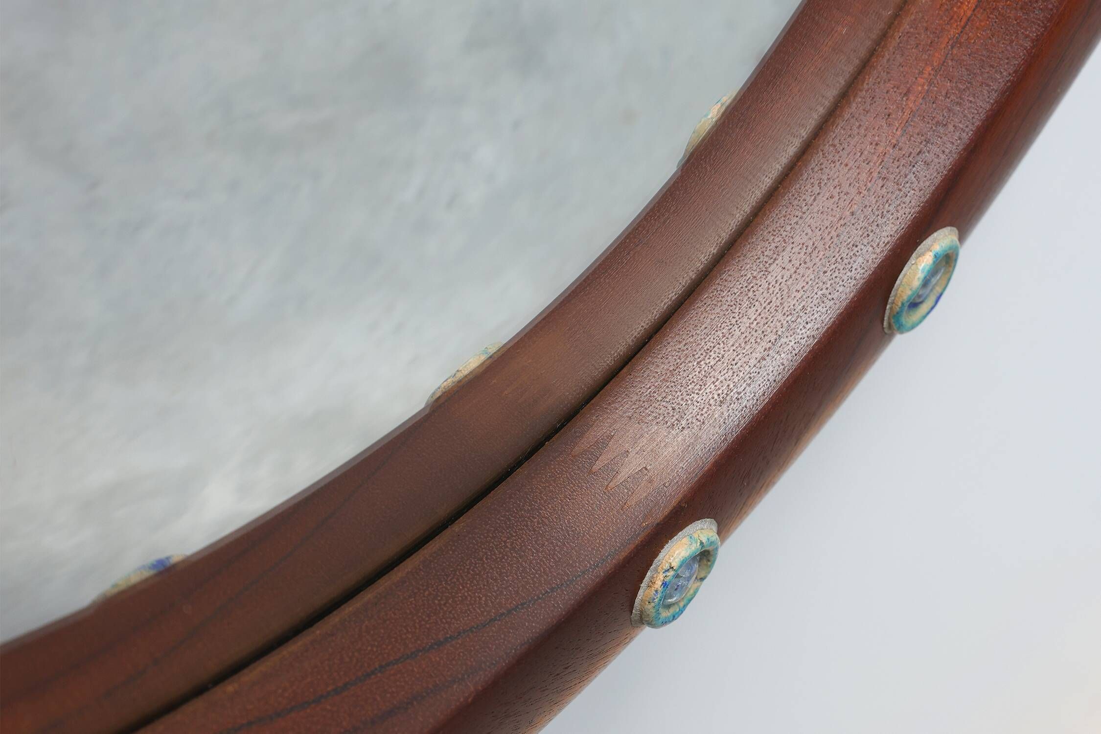 Round wooden mirror with turquoise ceramic studs by Deknudt, Belgium, 1960s