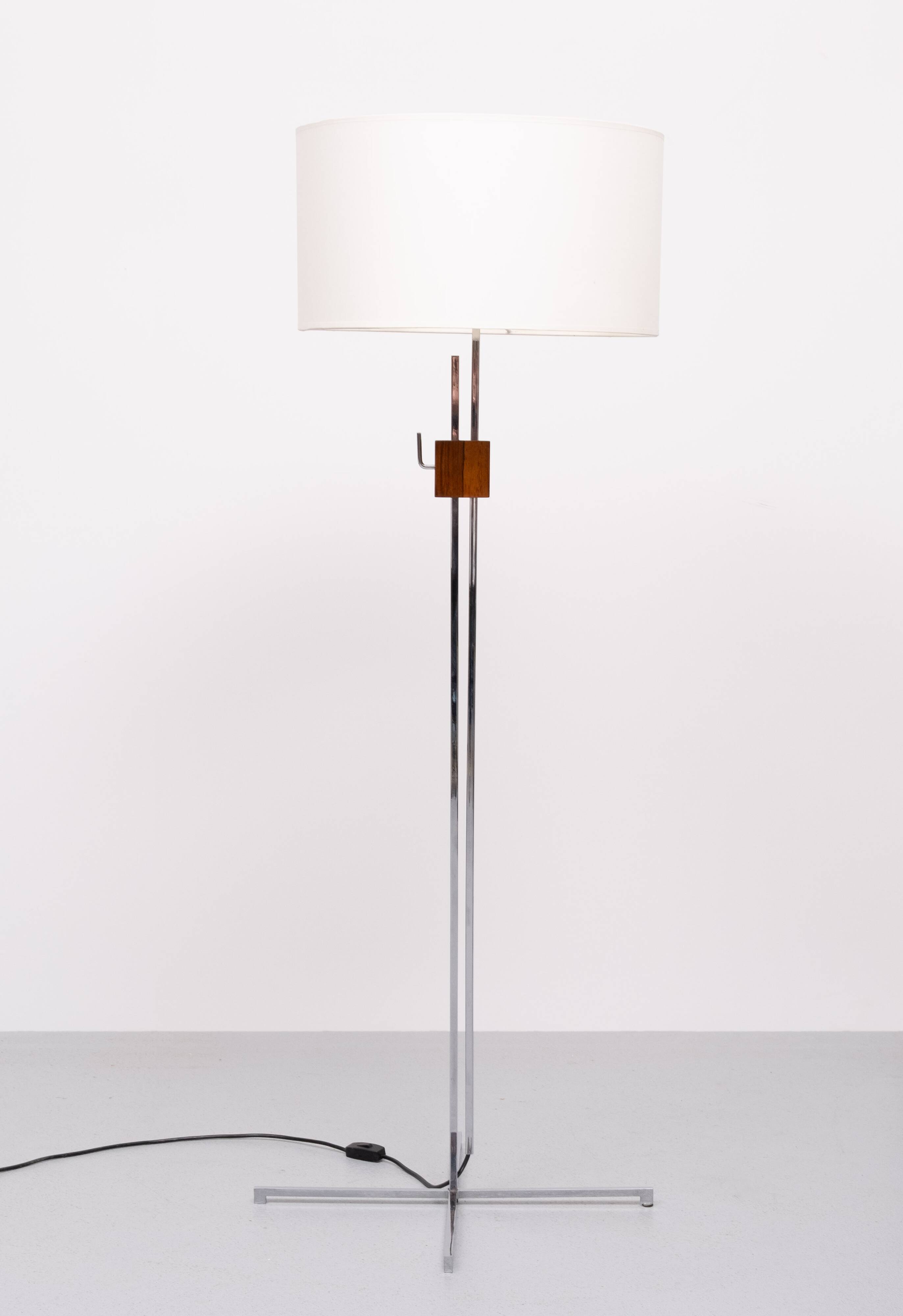 Mid Century Adjustable Chrome Walnut Floor Lamp by Hans Eichenberger 1950s