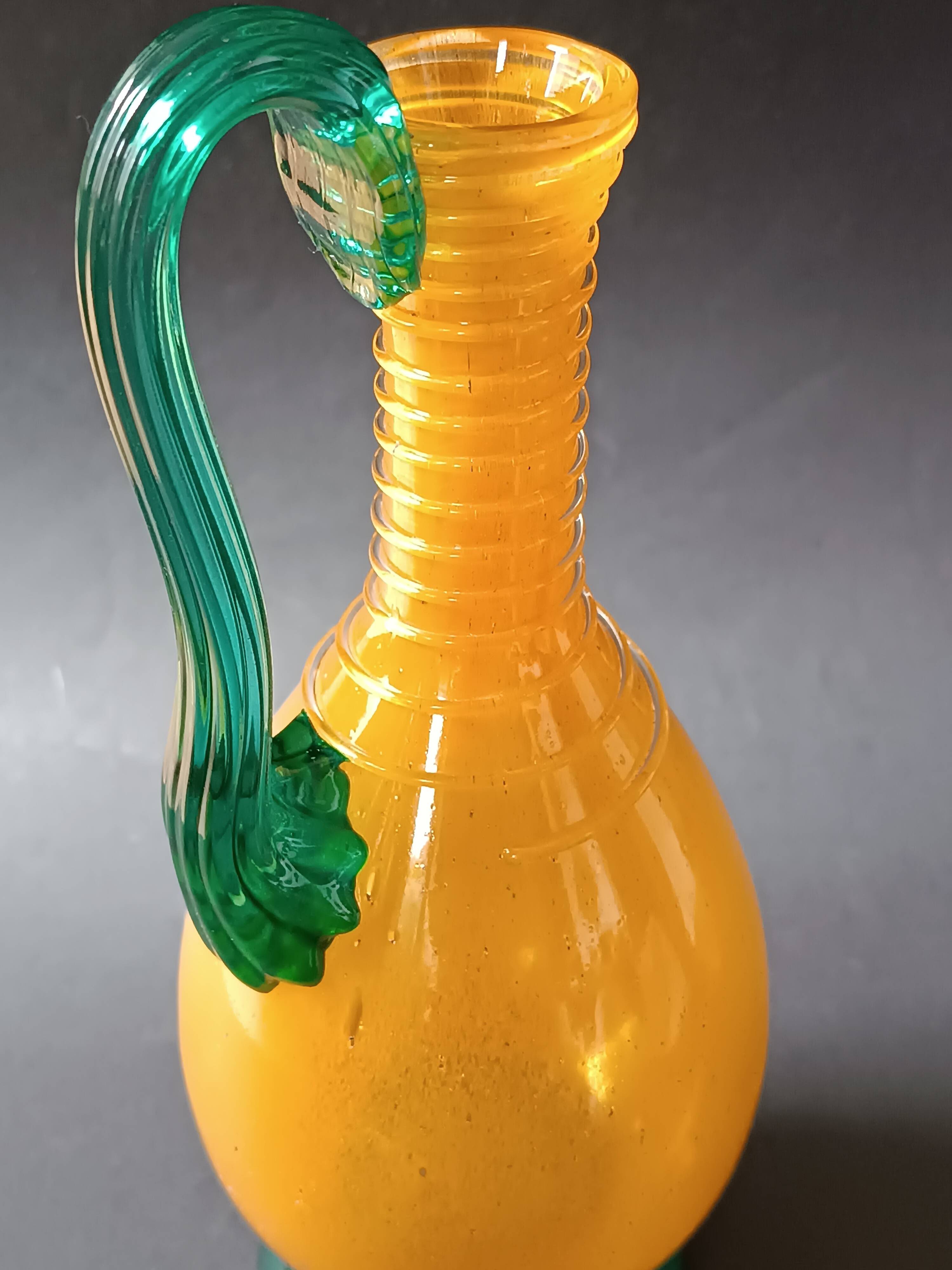 Vintage orange and green blown glass bottle, art glassware
