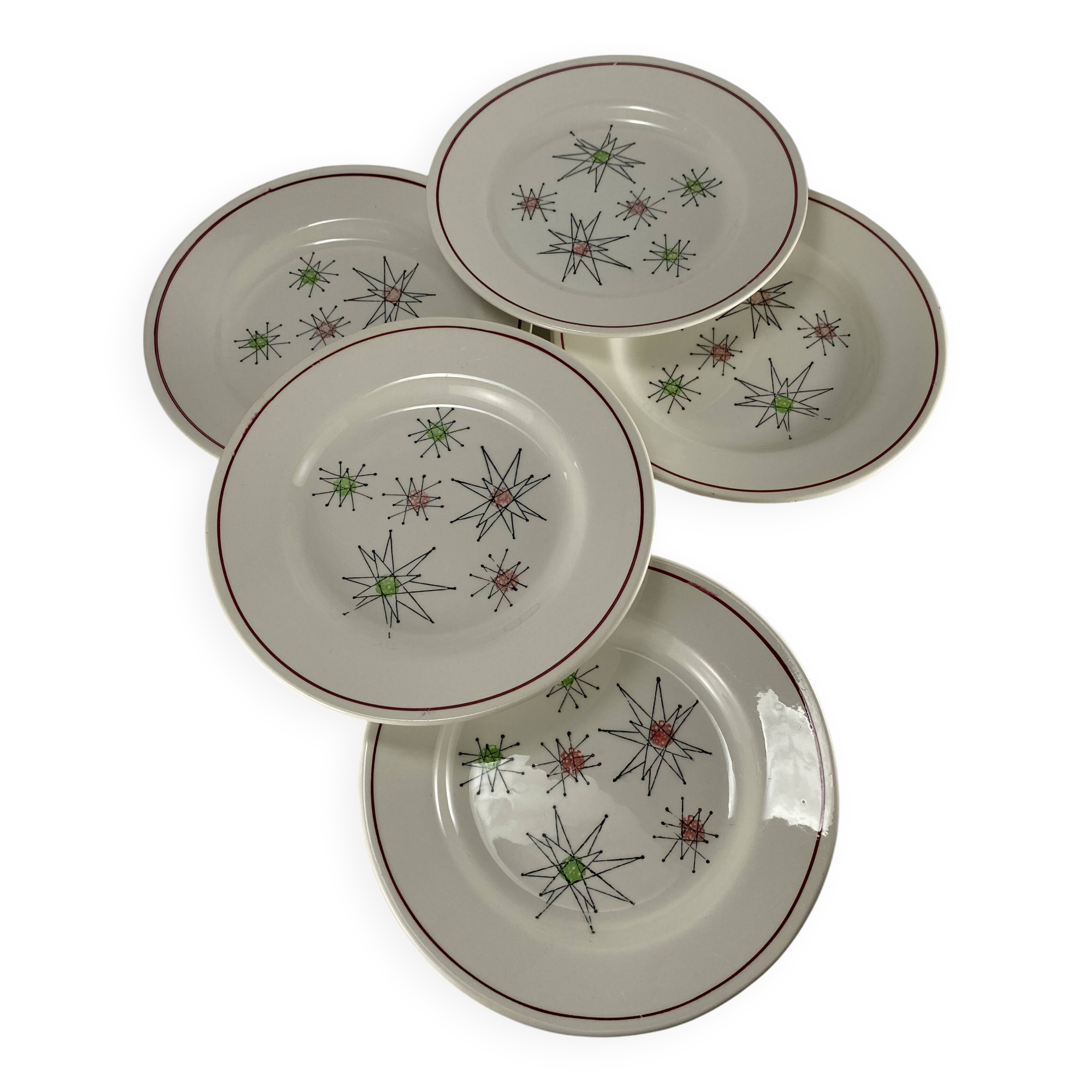 Ensemble de 5 assiettes à dessert vintage Gien des années 1950 avec motif Comètes