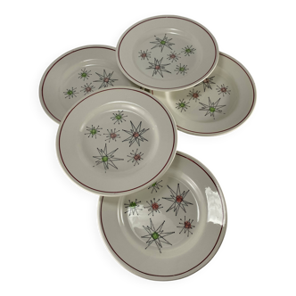 Ensemble de 5 assiettes à dessert vintage Gien des années 1950 avec motif Comètes