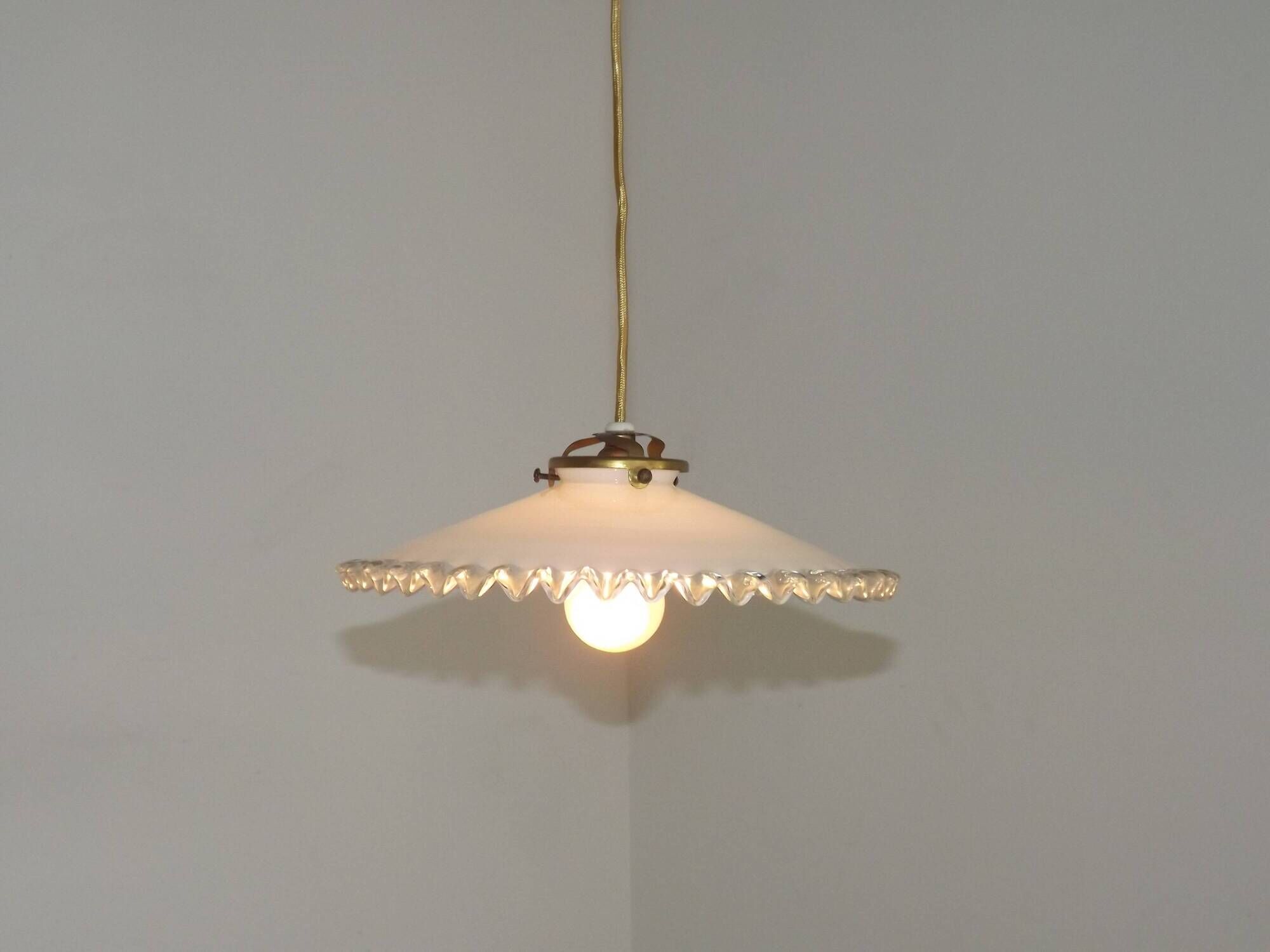 Vintage French White Opaline Glass Pendant Light Clear Glass Edge 5405