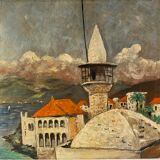 Old painting, landscape of a lighthouse signed and dated 1959