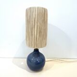 Vintage ball lamp base in blue ceramic stoneware with raffia rope lampshade