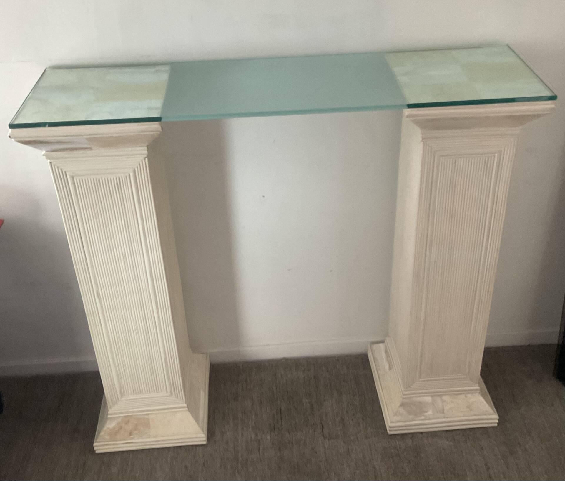 Console vintage en travertin, bois et verre