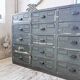 Patinated blue workshop furniture with XL drawers in oak and beech.