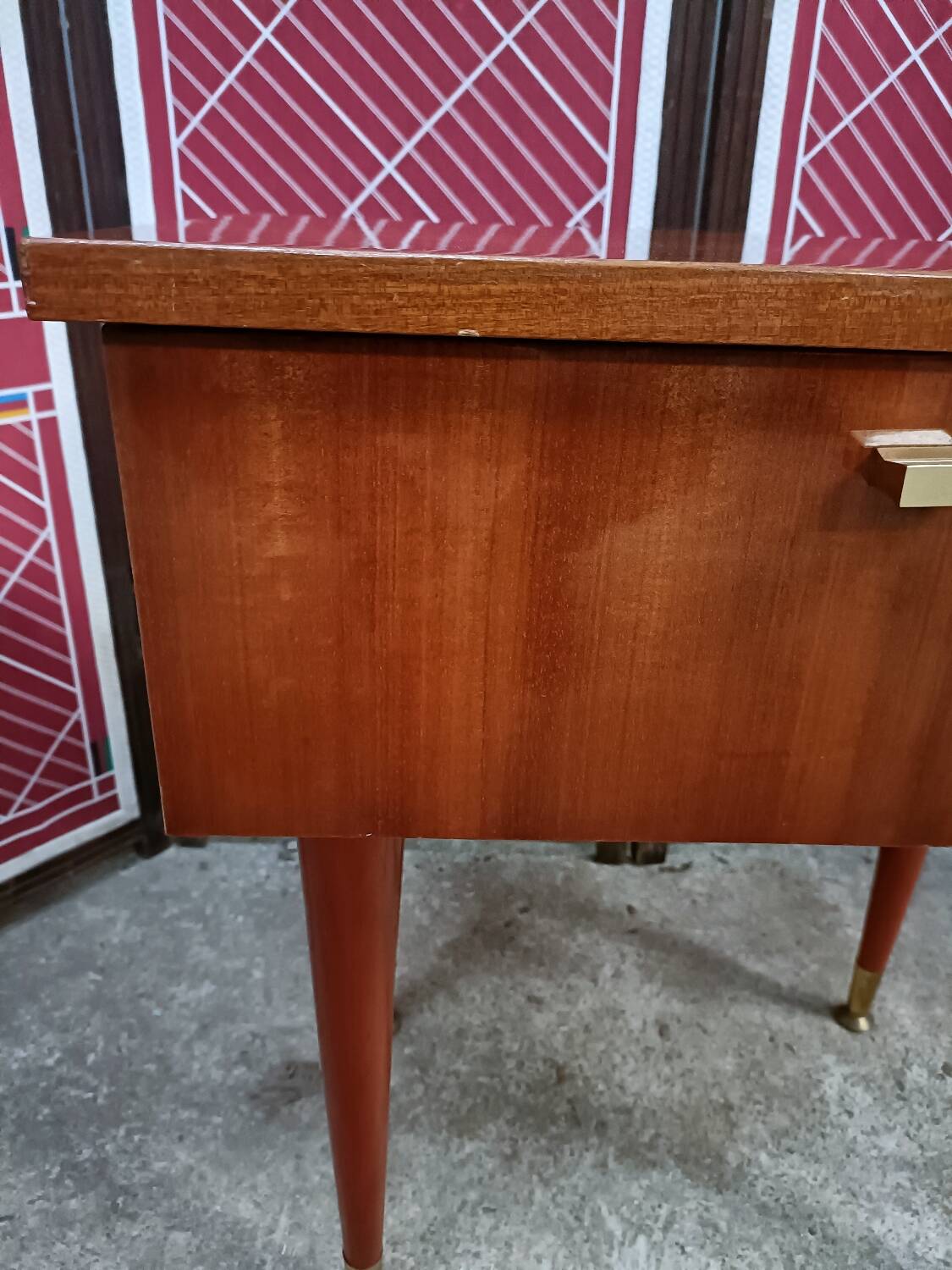 Vintage bedside table, mahogany veneer and tapered legs