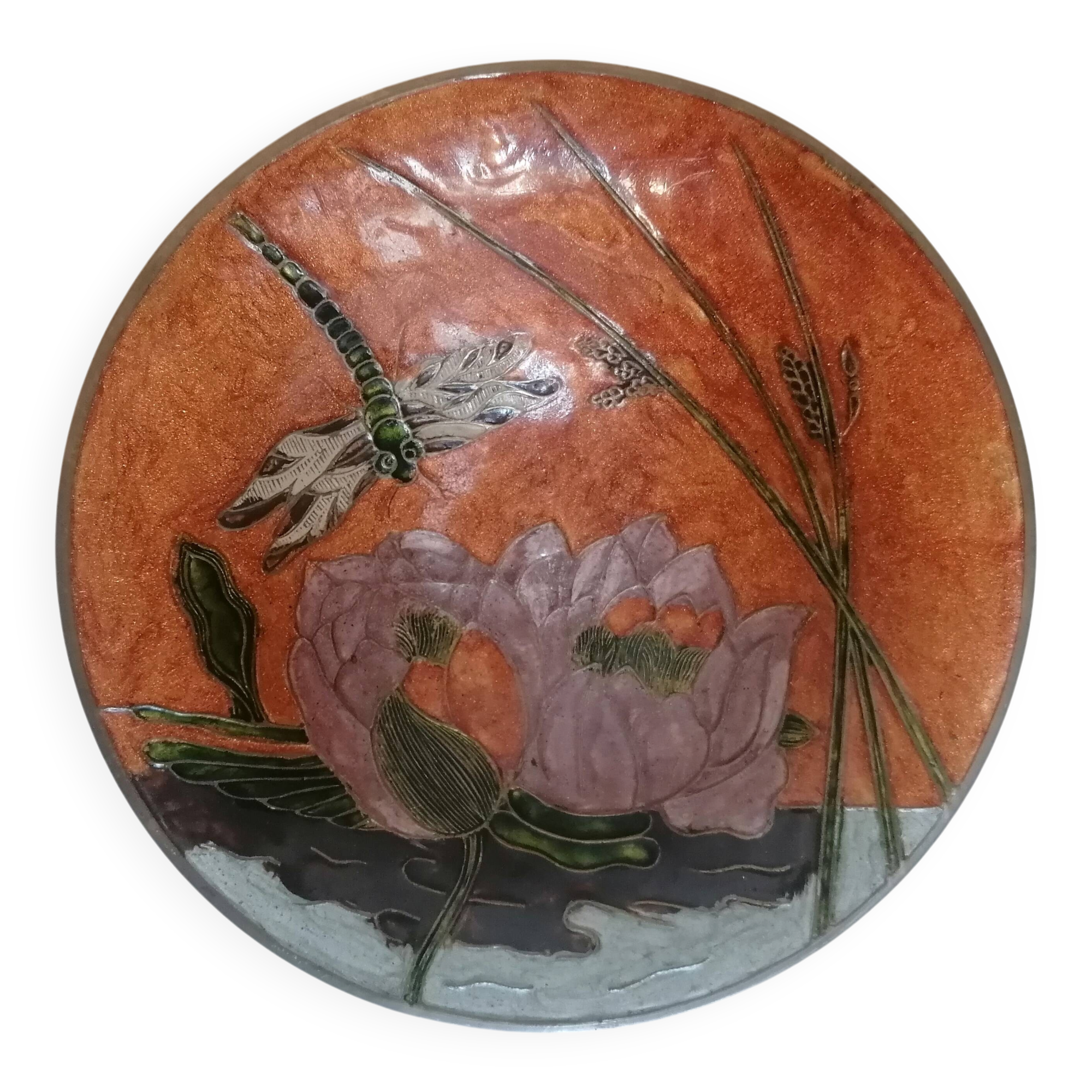 Enamelled brass compote with dragonfly decoration.