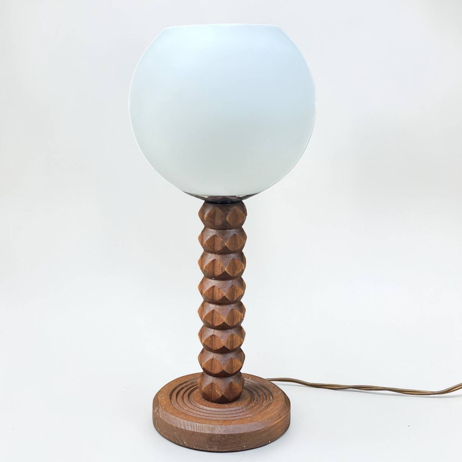 Wooden lamp in wabi-sabi brutalist style by Charles Dudouyt with white opaline.
