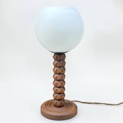 Wooden lamp in wabi-sabi brutalist style by Charles Dudouyt with white opaline.