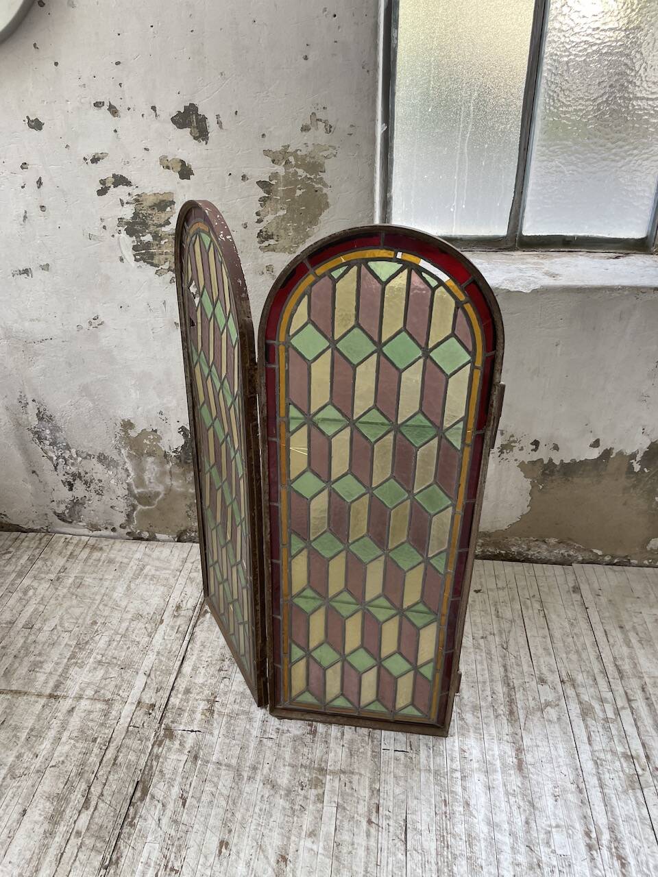 Old stained glass window in metal and glass 1900