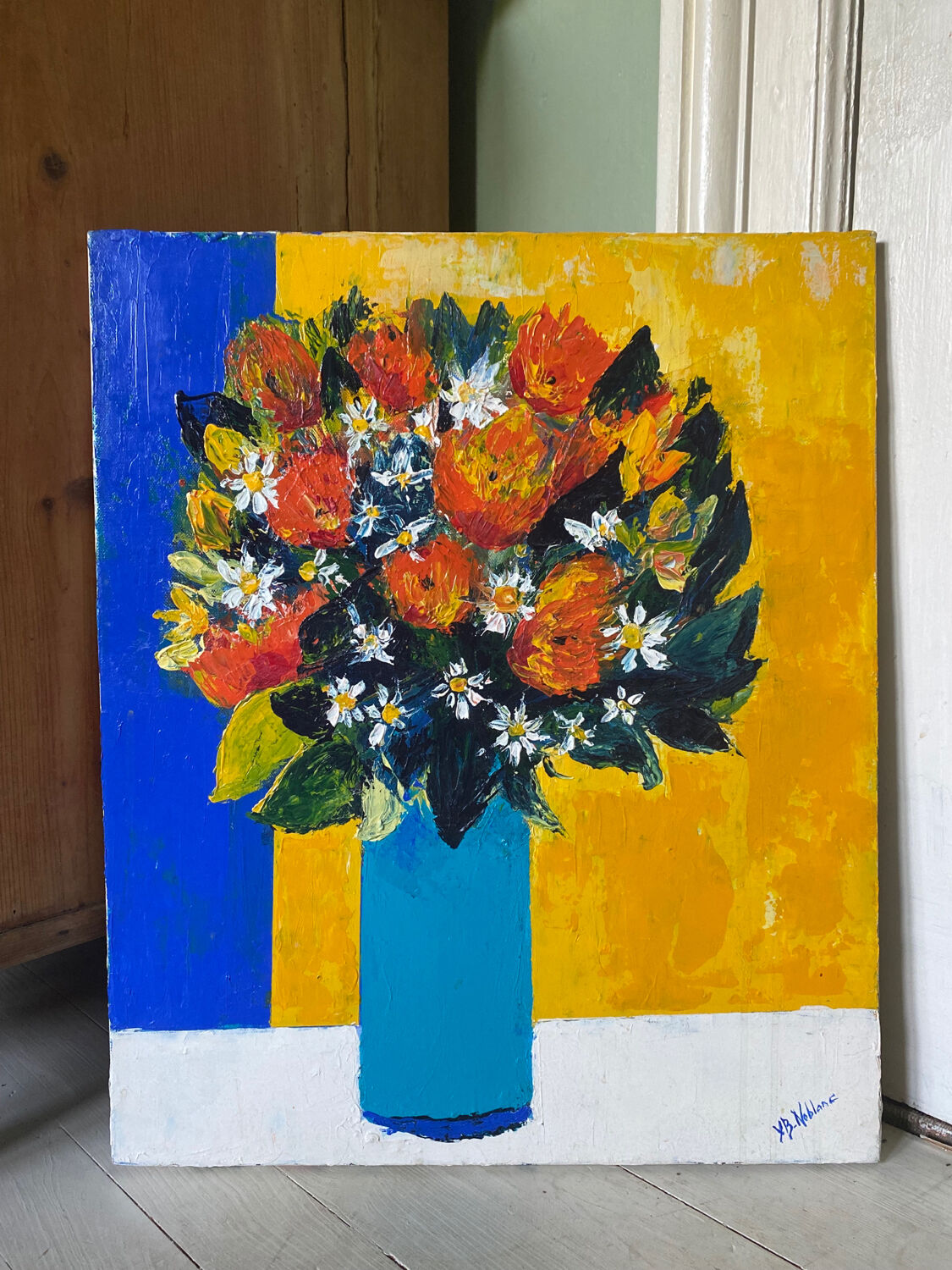 Painting colorful bouquet of flowers signed modernist canvas