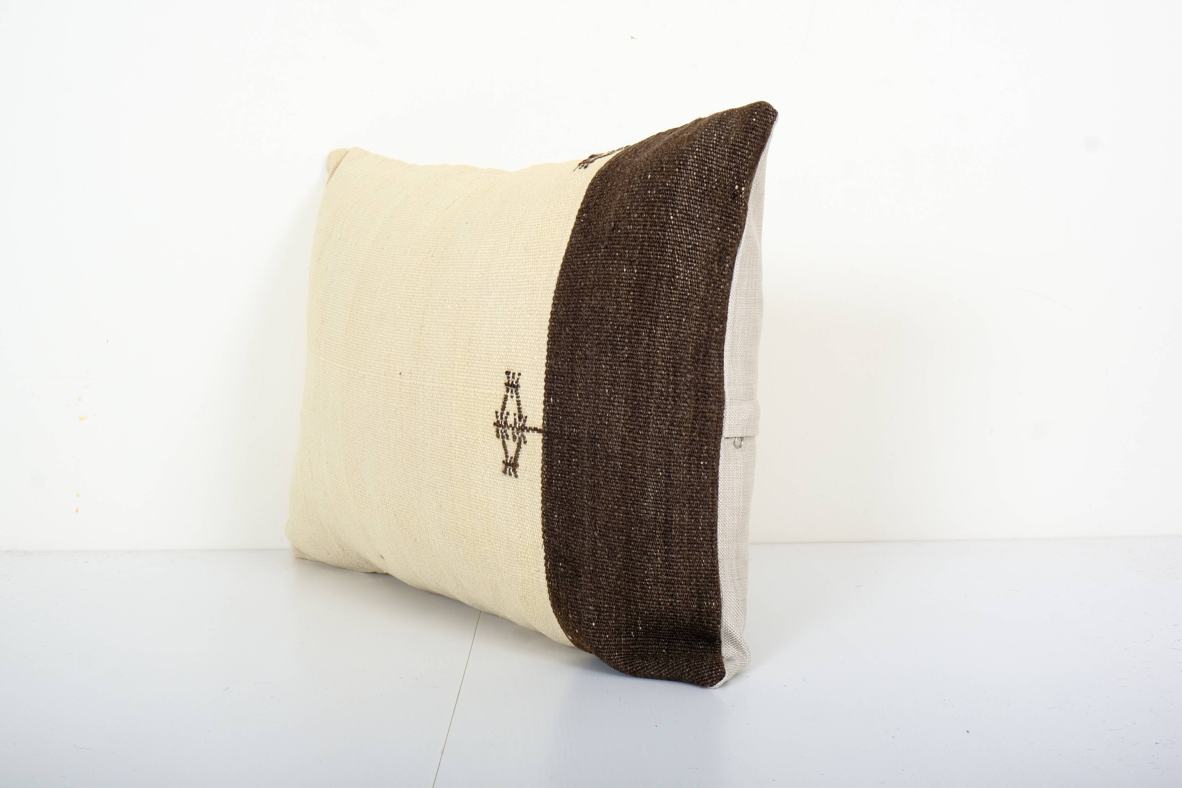 Vintage Organic Wool Turkish Lumbar Pillow Cover, Oblong Ethnic Boho Pillowcase 16" x 24"