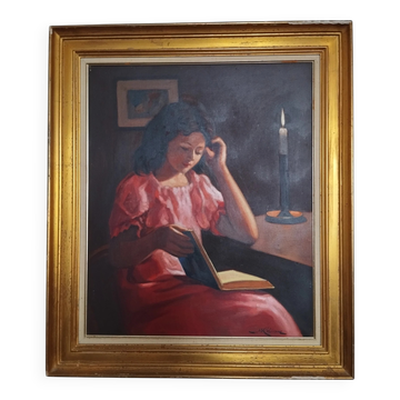 Marc REBIERRE "The Reader in the Red Dress" oil on canvas signed and framed