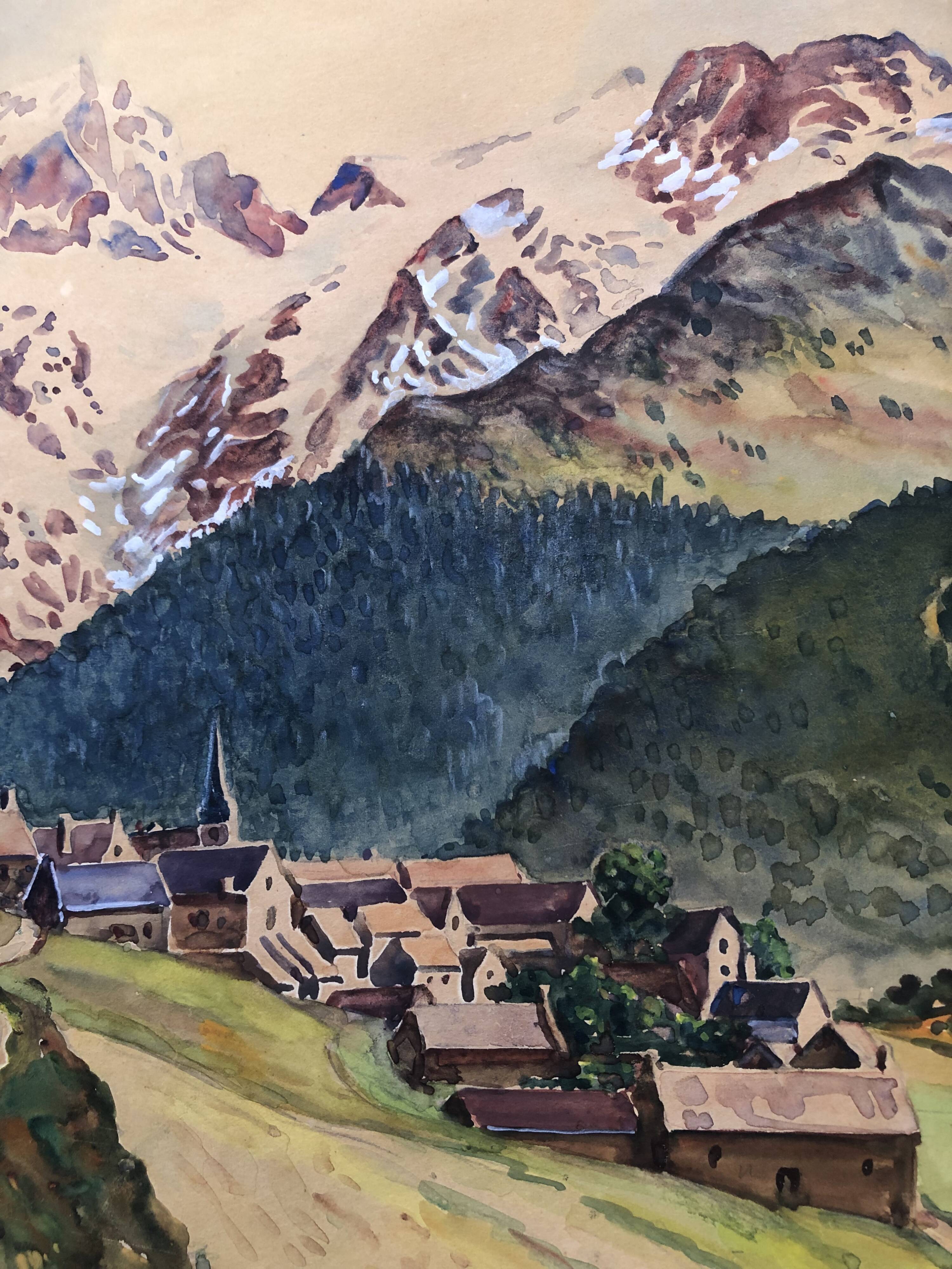 Watercolor painting mountain landscape by joseph hillion circa 1920 village alpes savoie, unframed