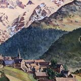 Watercolor painting mountain landscape by joseph hillion circa 1920 village alpes savoie, unframed