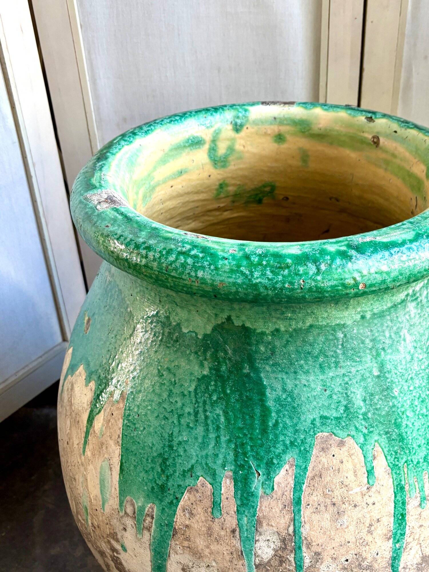 Biot jar, plant pot in beige and green glazed ceramic