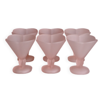Fidenza, Italy. 6 frosted pink glass ice cream bowls.