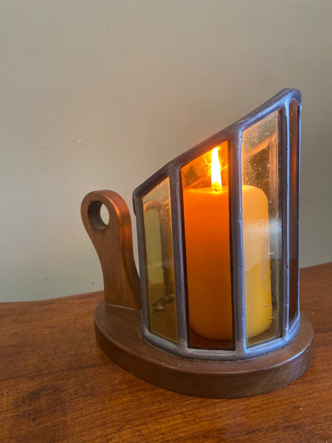 Wooden and stained glass candle holder