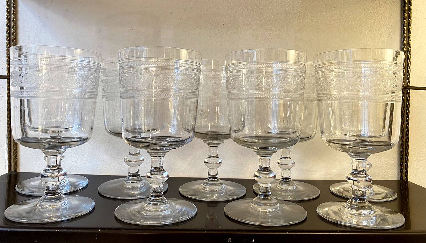 9 Baccarat crystal wine glasses, Athenian engraving