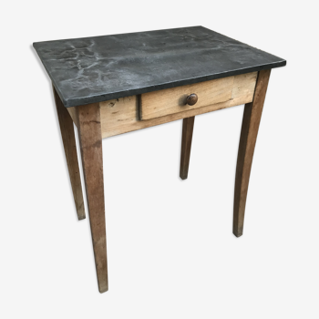 Table ancienne de cuisine en bois pieds compas & plateau zinc