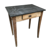 Table ancienne de cuisine en bois pieds compas & plateau zinc