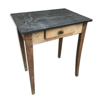 Table ancienne de cuisine en bois pieds compas & plateau zinc