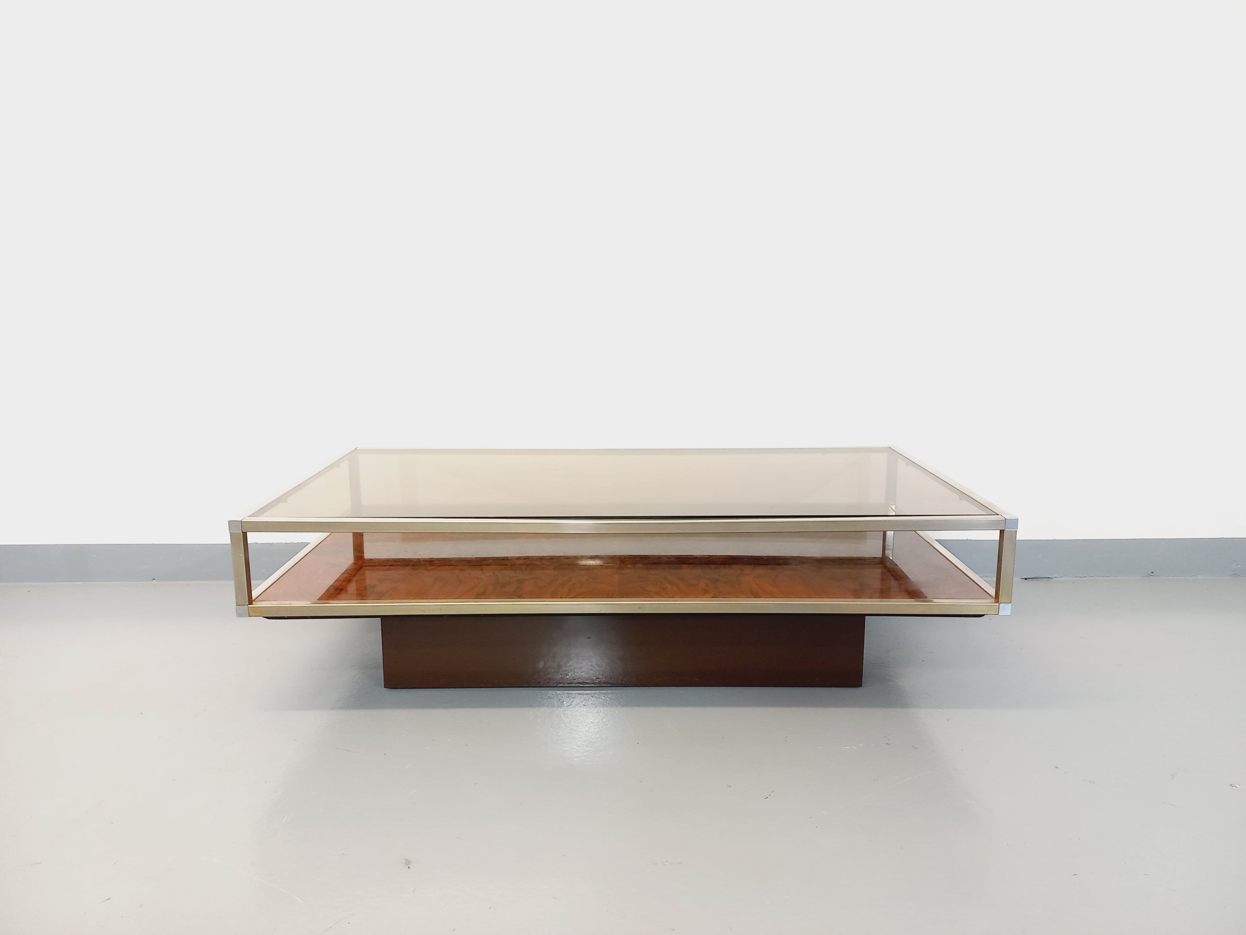 Vintage coffee table in smoked glass, chromed metal and magnifying glass from the 70s