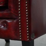 Set of a Red Cowhide Leather Chesterfield Club Chair and Side Table
