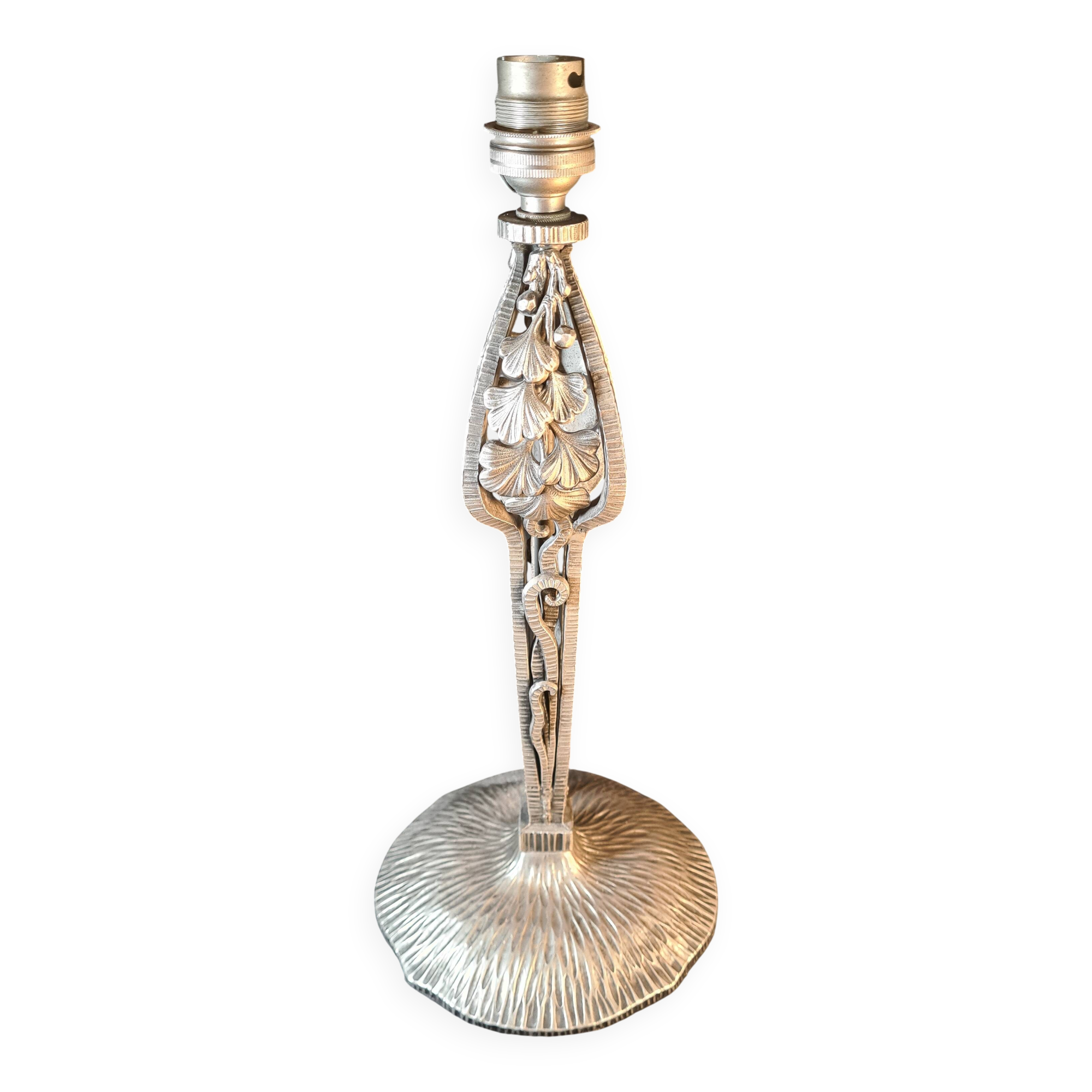 Art Nouveau lamp base – Hammered metal & stylised Ginkgo leaves –