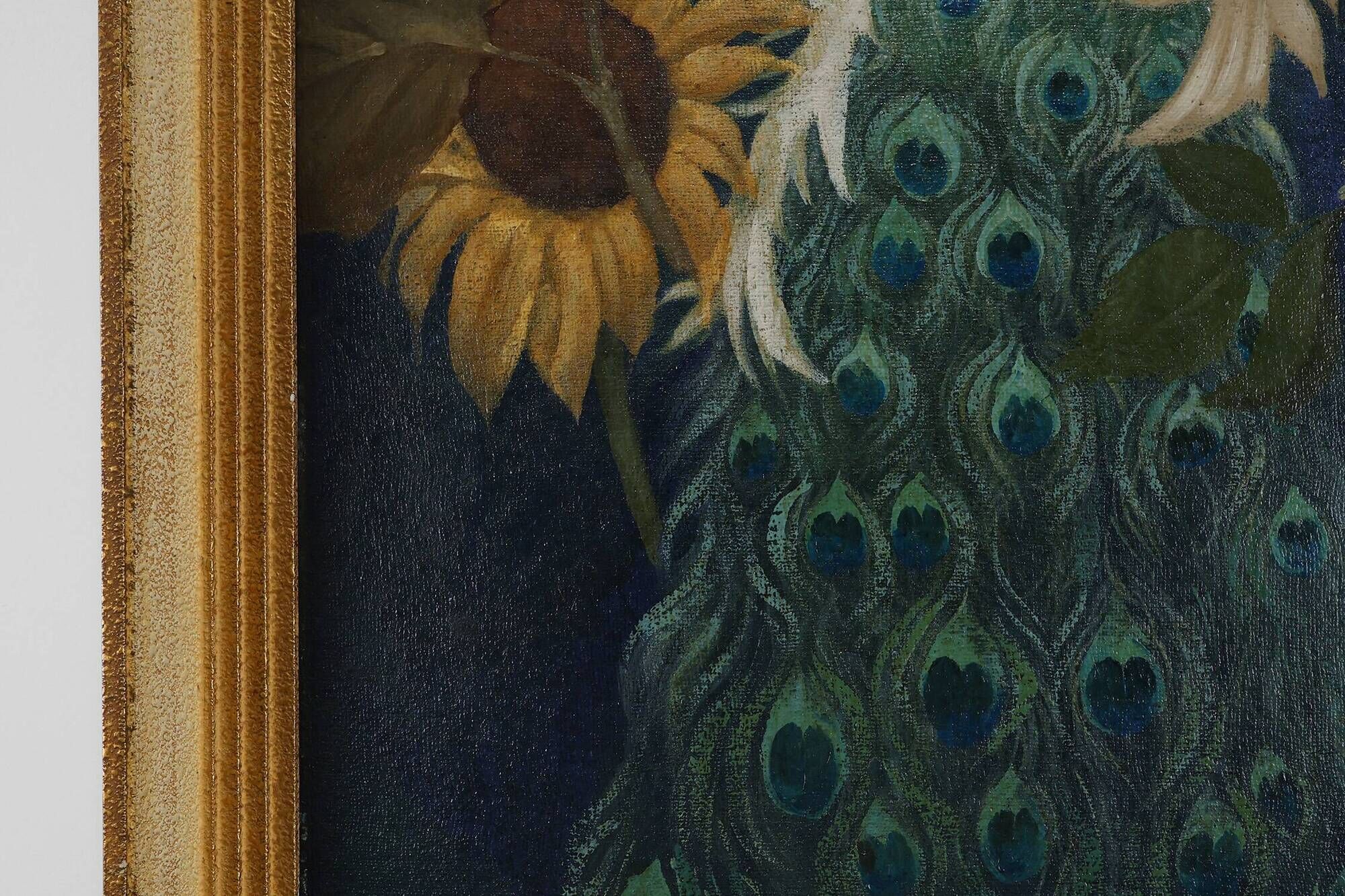 Signed Hollywood Regency style Painting of a Peacock with Roses, Belgium