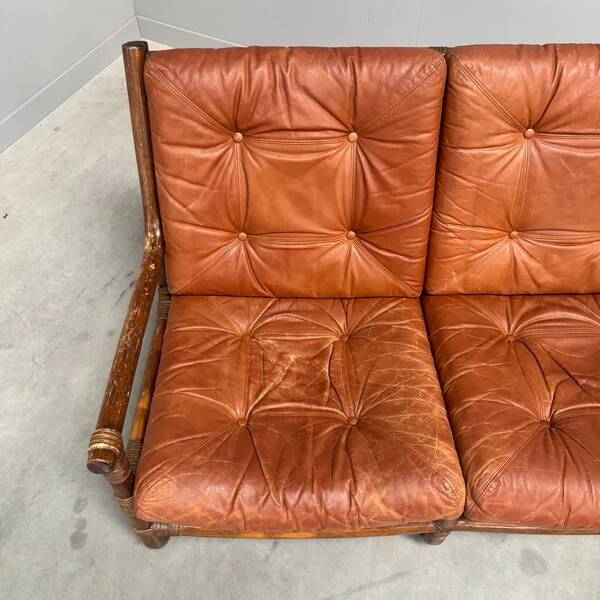 Canapé vintage en bambou et cuir, années 1970