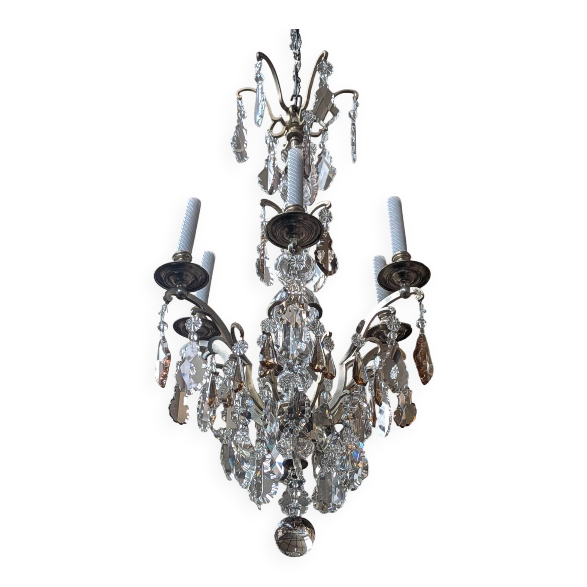 Antique French chandelier 170 cm with Louis XVI style chain in crystal.
