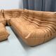 French camel brown leather Togo living room set attributed to Michel Ducaroy for Ligne Roset, set of 4