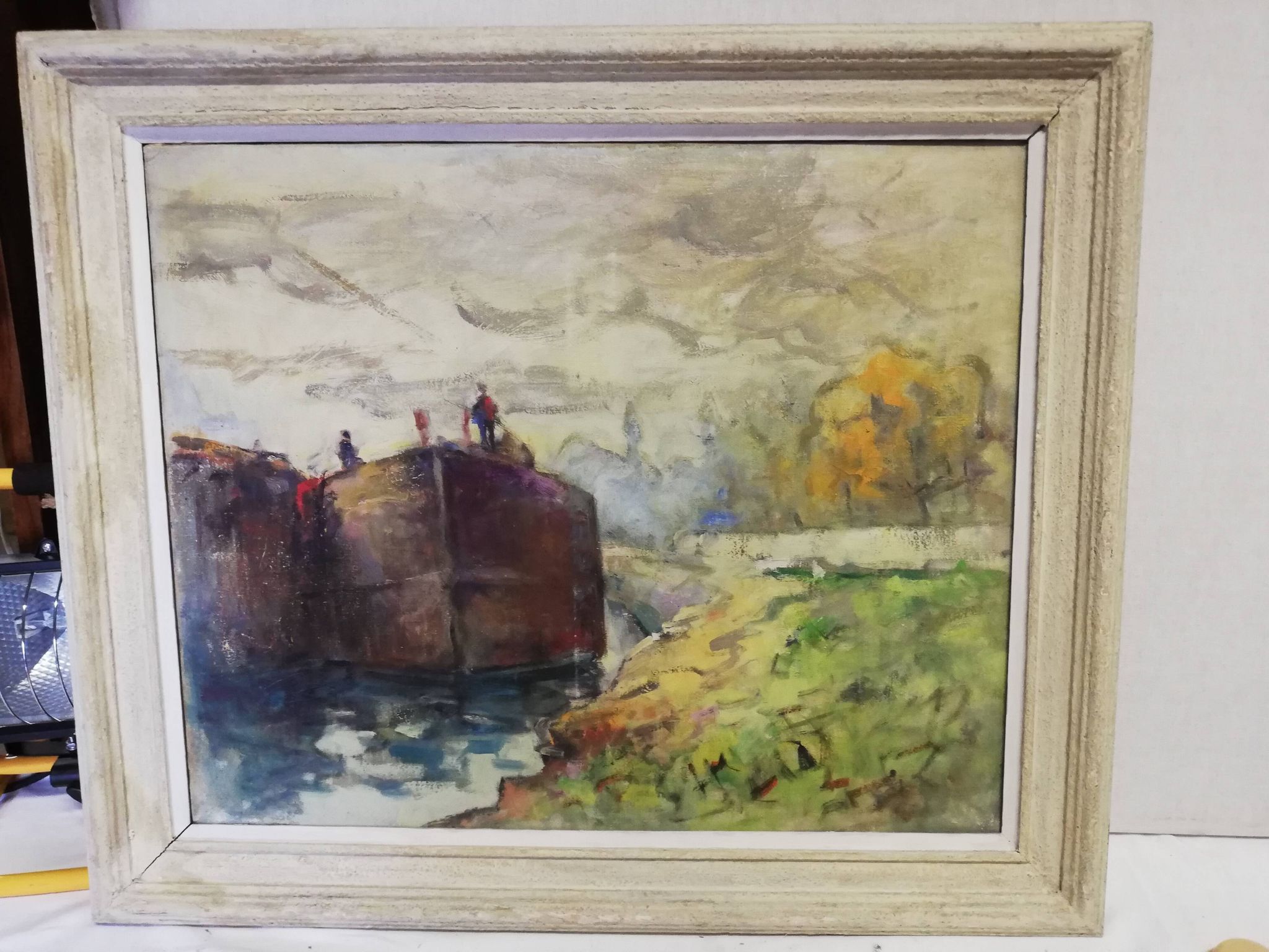 Oil on canvas "barge on the banks of the Seine"