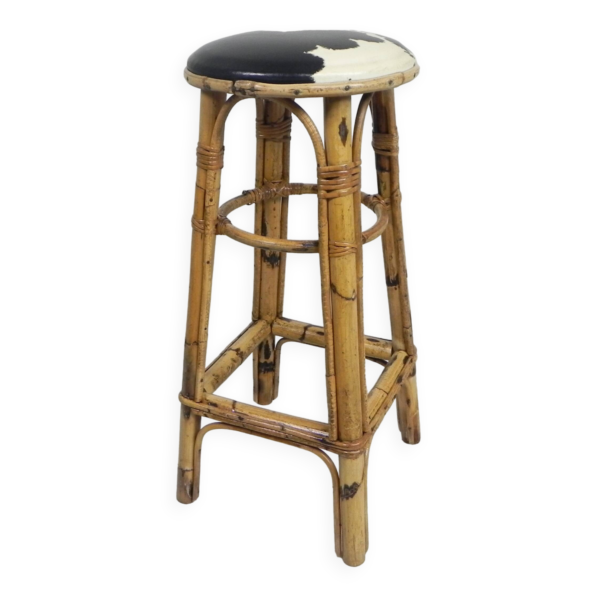Tabouret de bar en bambou avec assise en simili-cuir imprimé vache, années 1950