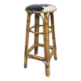 Bamboo bar stool with leatherette seat in cow print, 1950s