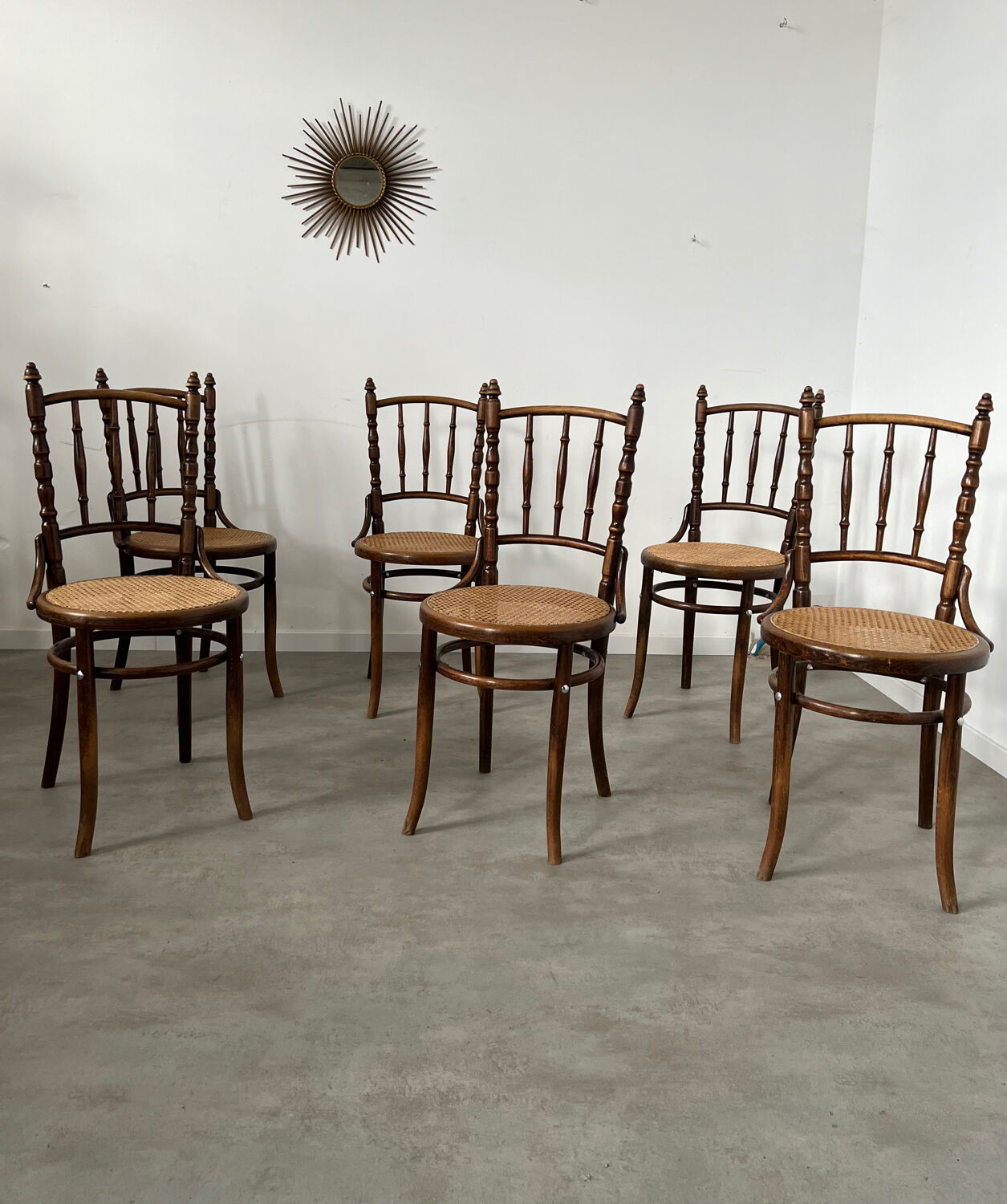 Lot 6 old vintage wooden bistro chairs brand Fischel early 20th century