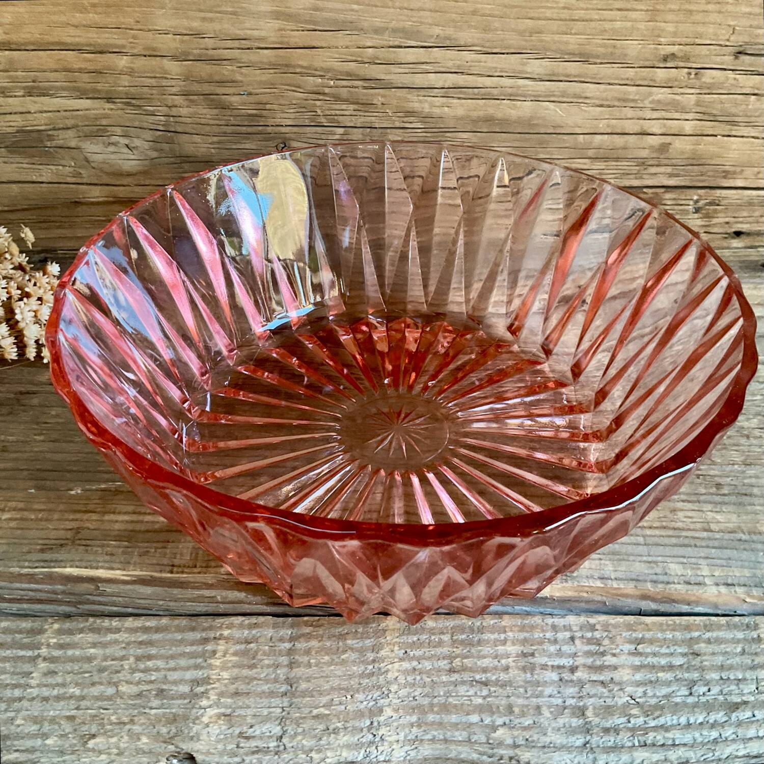 Cut glass salad bowl in pink glass