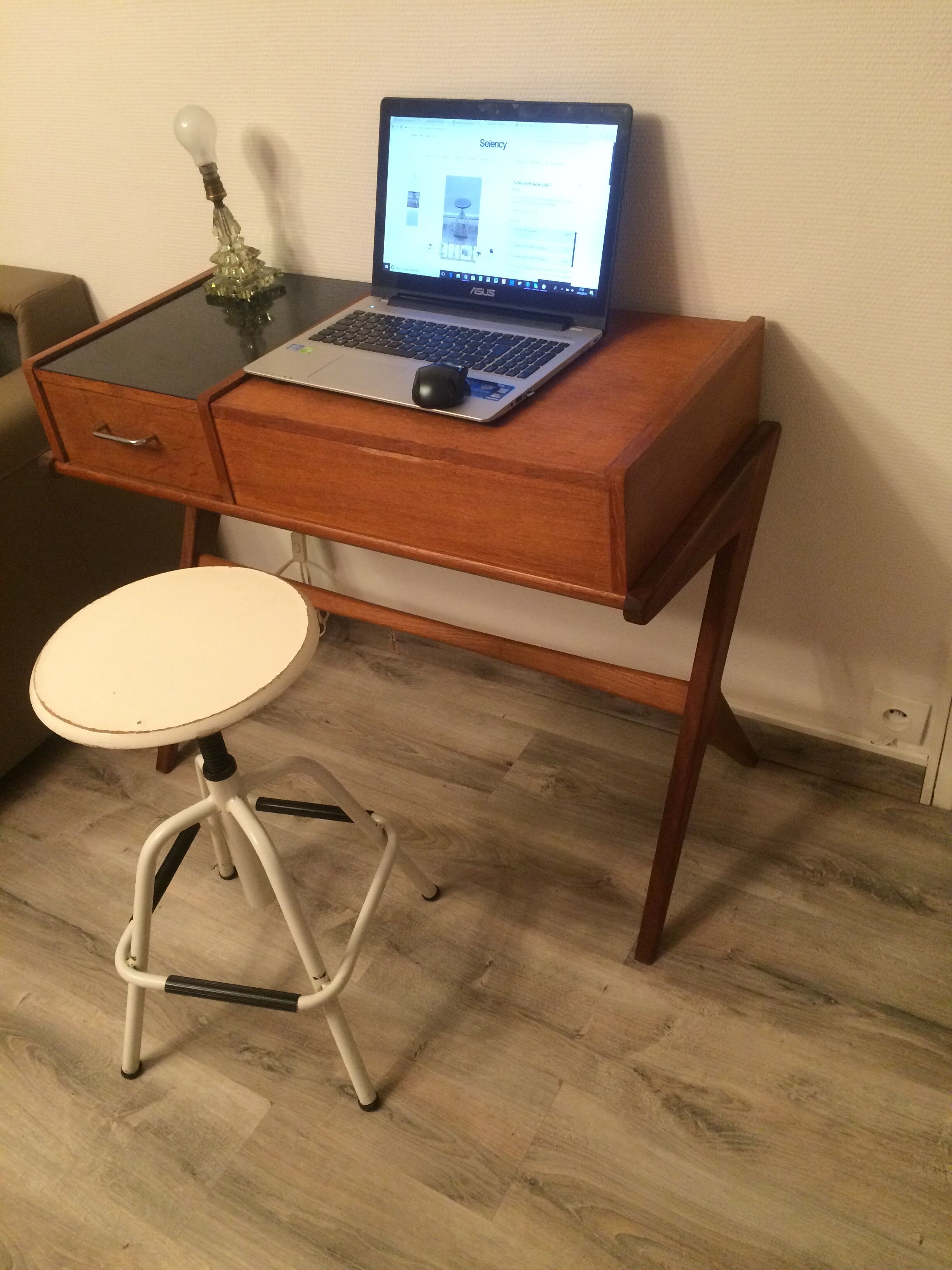 Vintage medical stool made of wood and white metal 1970