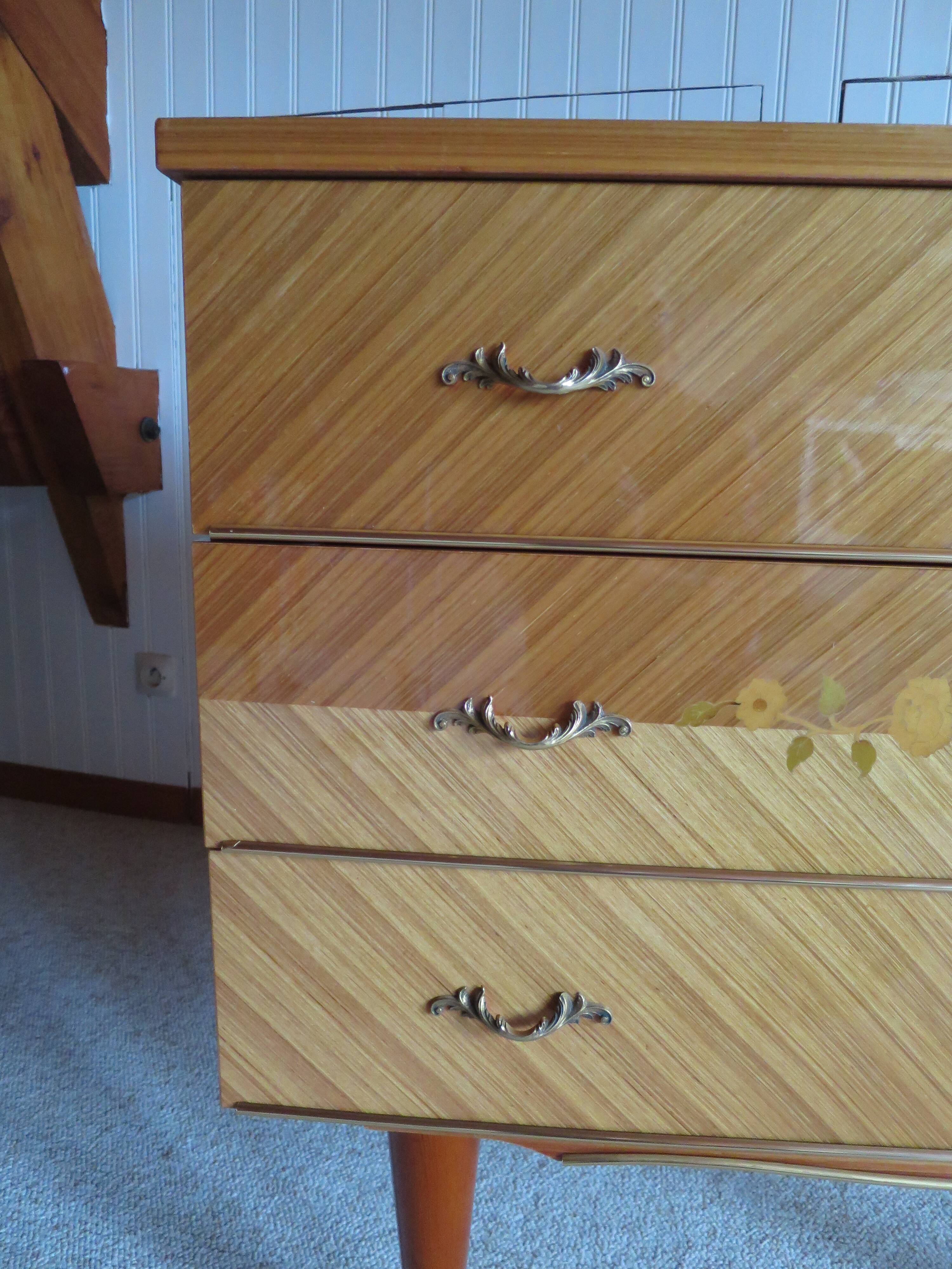 3-drawer chest of drawers - 60s - vintage - marquetry effect - spinning top feet
