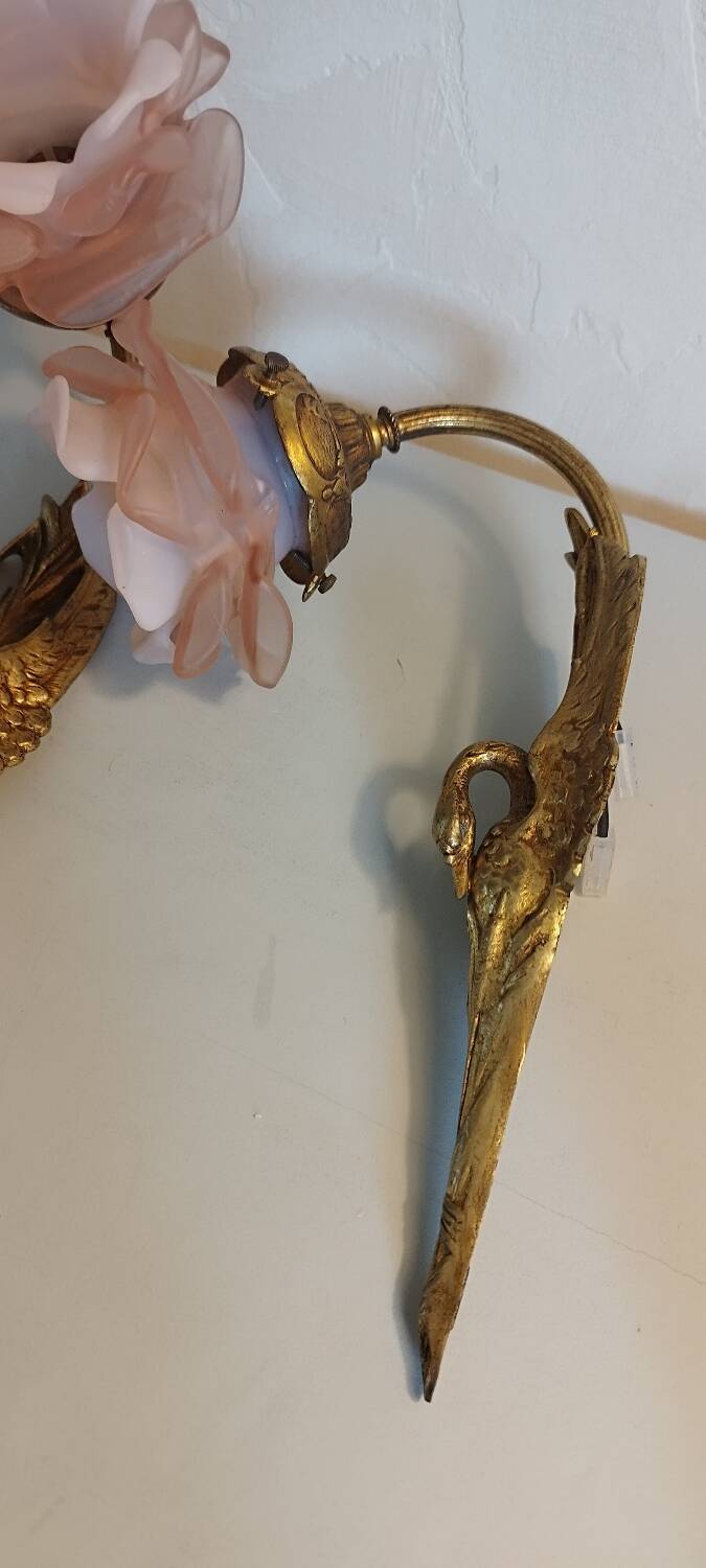 Pair of bronze swan and pink tulip wall lights in glass paste