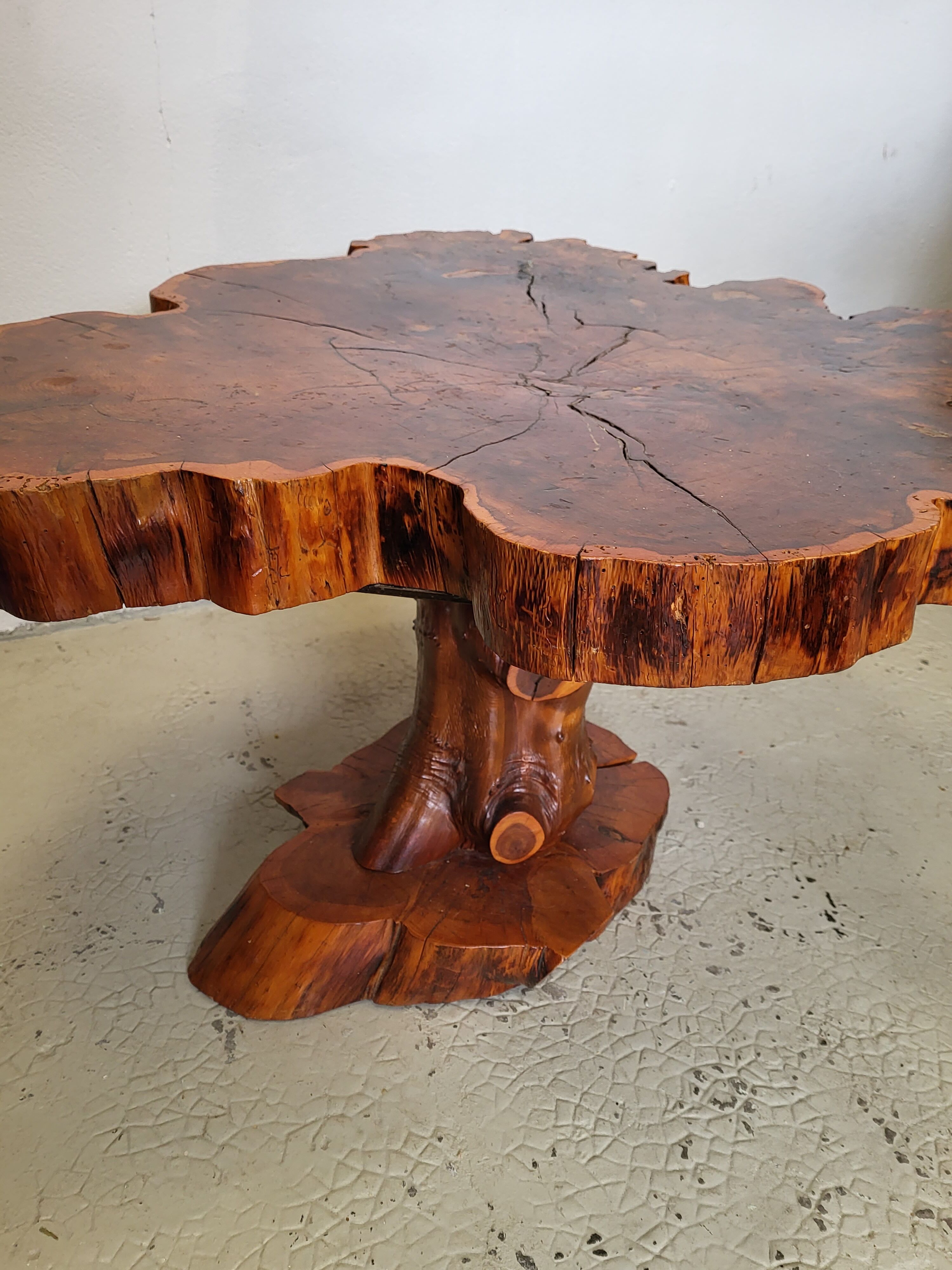 Brutalist table trunk old elm magnifying glass